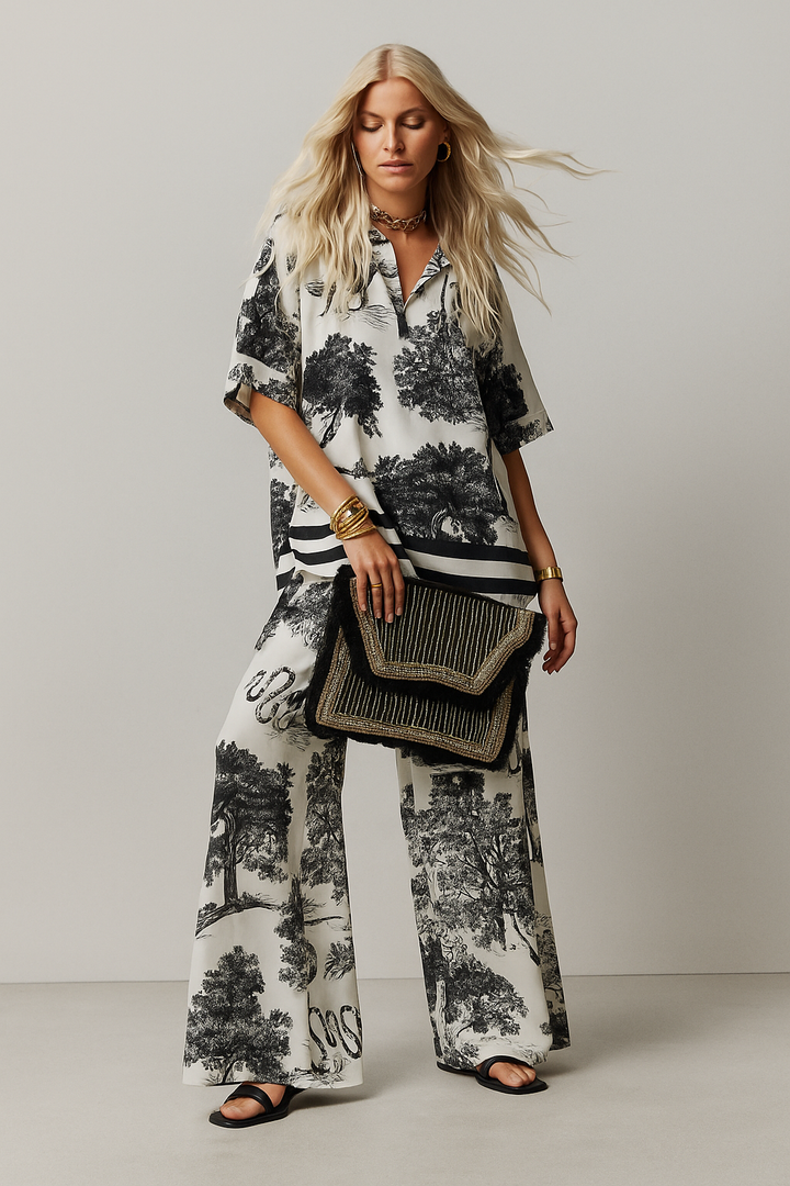 Karina™ | Printed V-Neck Top & Long Pants Set
