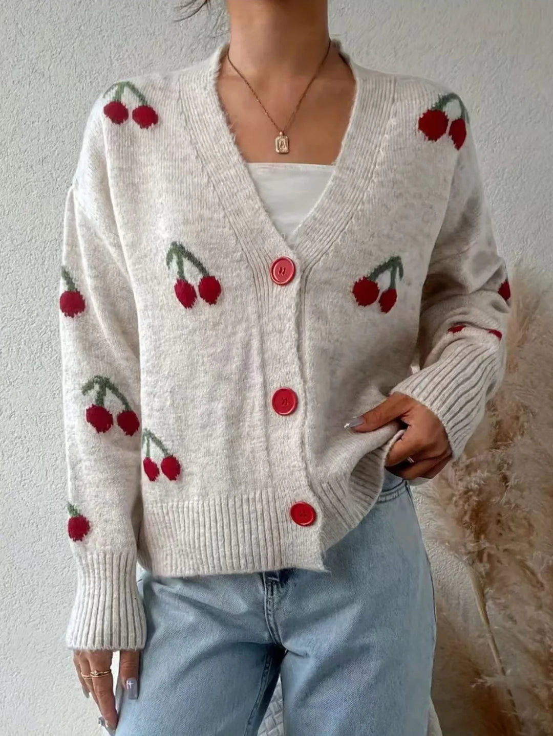 Rasha™ | Chic Cherry Knit Cardigan