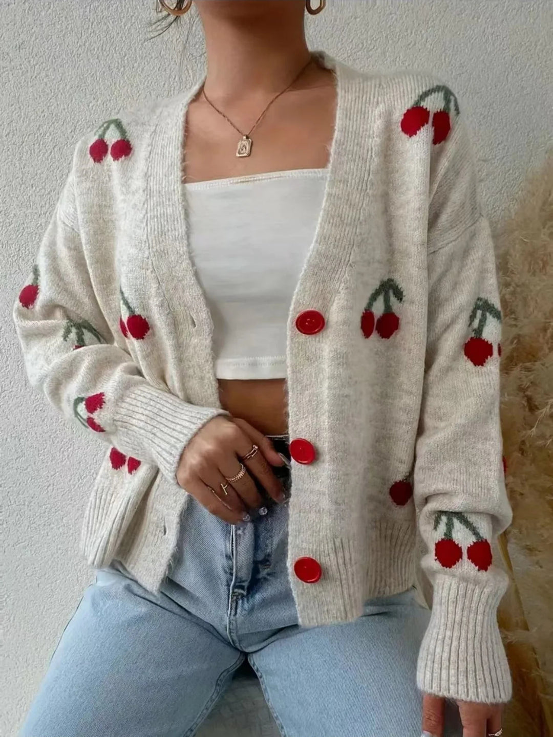Rasha™ | Chic Cherry Knit Cardigan